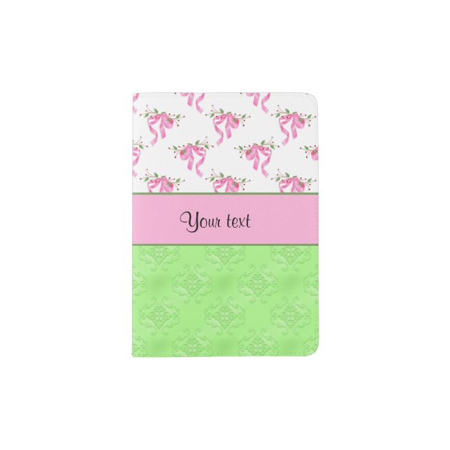 Romantic Pink Bows & Green Damask Passport Holder (Front)