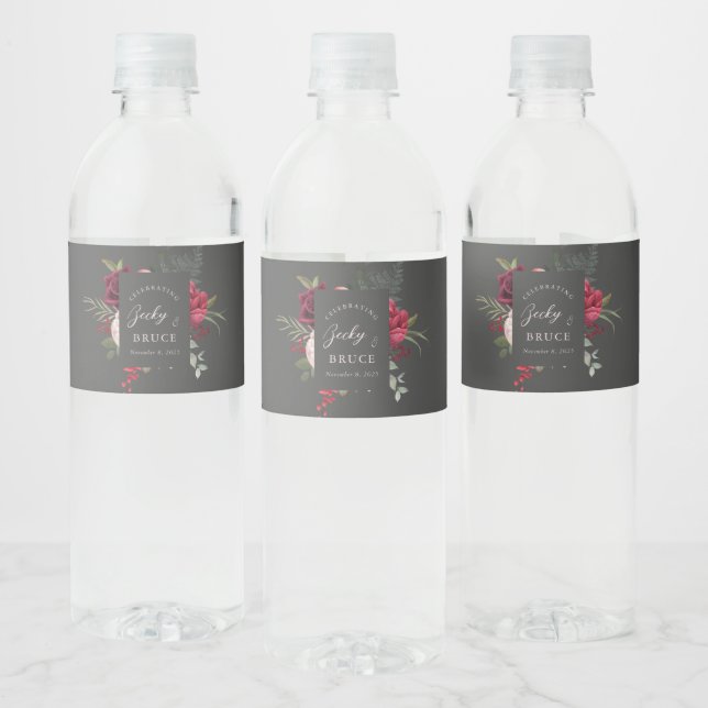 Romantic Pink Bridal Bouquet Charcoal Personalized Water Bottle Label (Bottles)