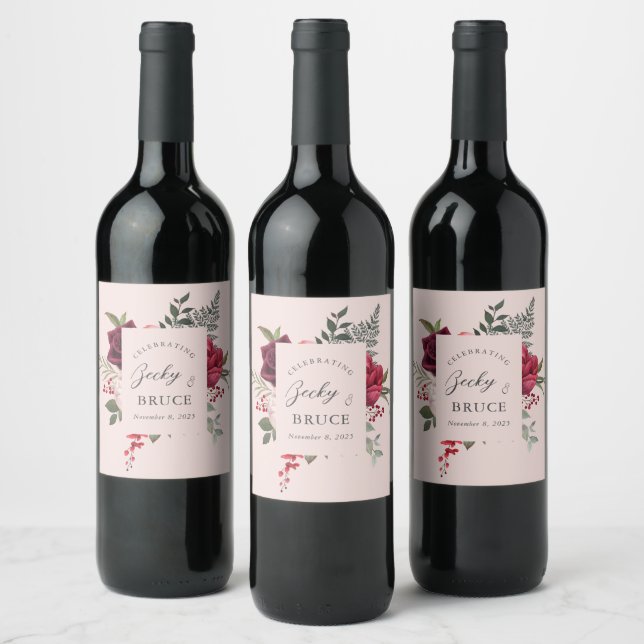 Romantic Pink Bridal Bouquet Customized Wine Label (Bottles)
