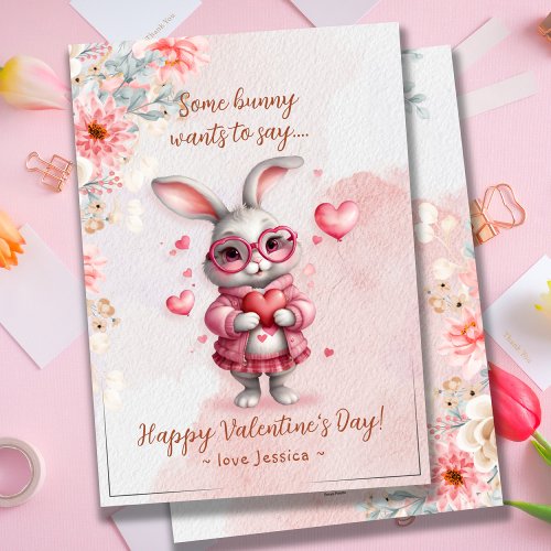 Romantic Pink Bunny  Hearts Valentines Day Holiday Card
