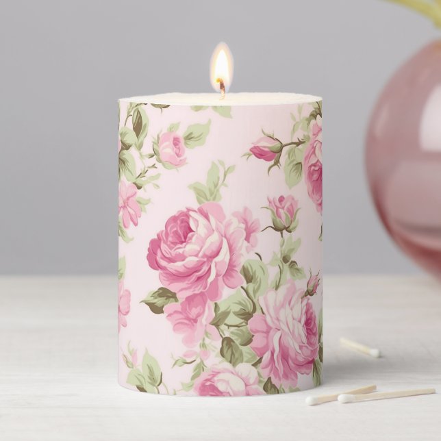 Romantic Pink Cabbage Rose Pillar Candle (In Situ)