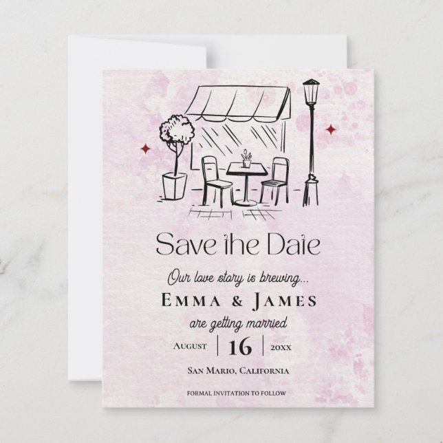 Romantic Pink Café Courtyard Wedding Save the Date (Front)