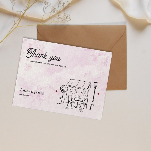 Romantic Pink Café Illustration Wedding Thank You Postcard (Romantic Pink Café Illustration Wedding Thank You Postcard)