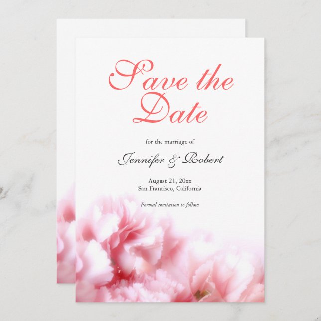 Romantic Pink Carnations Save the Date Invitation (Front/Back)