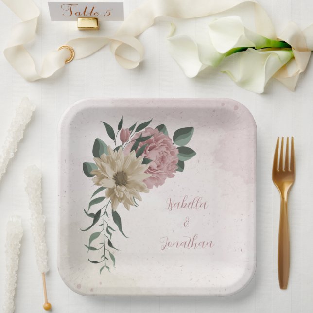  romantic pink & champagne flowers  paper plates (Wedding)