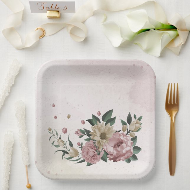  romantic pink & champagne flowers  paper plates (Wedding)