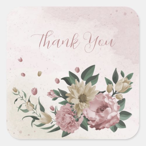  romantic pink  champagne flowers thank you square sticker