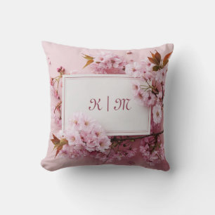 Romantic Pink Cherry Blossom and Bronze Leaf Throw Pillow