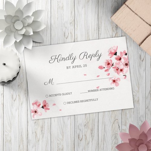 Romantic Pink cherry blossom floral chic RSVP Card