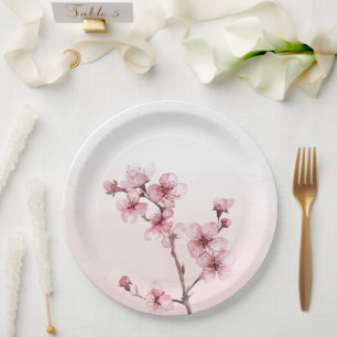Romantic Pink Cherry Blossom Flowers Bridal Shower Paper Plates