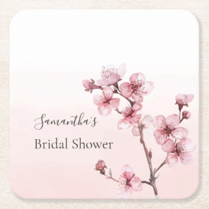 Romantic Pink Cherry Blossom Flowers Bridal Shower Square Paper Coaster