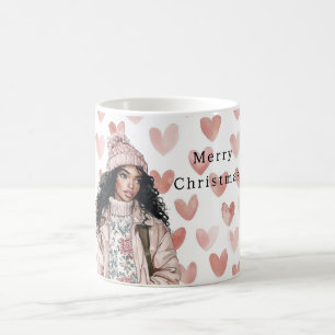 Romantic Pink Christmas Hearts Black Girl Coffee Mug