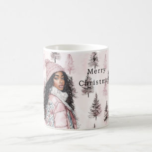Romantic Pink Christmas Trees Black Girl Coffee Mug