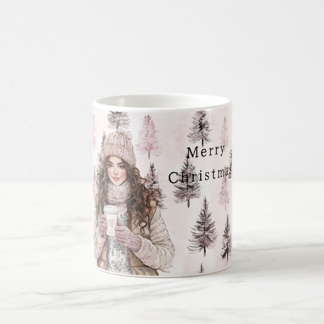 Romantic Pink Christmas Trees Girl Coffee Mug (Center)