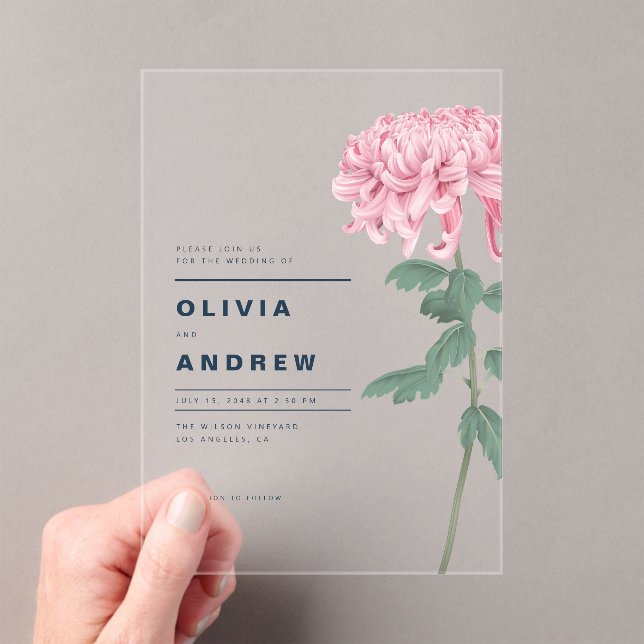 Romantic Pink Chrysanthemum Botanical Wedding  Acrylic Invitations (Insitu (Handheld))