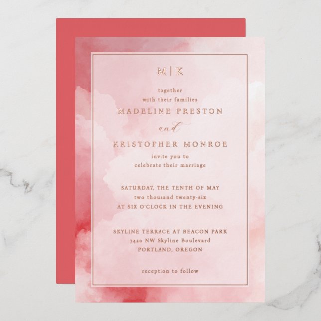 Romantic Pink Cloud Watercolor Foil Invitation (Front/Back)