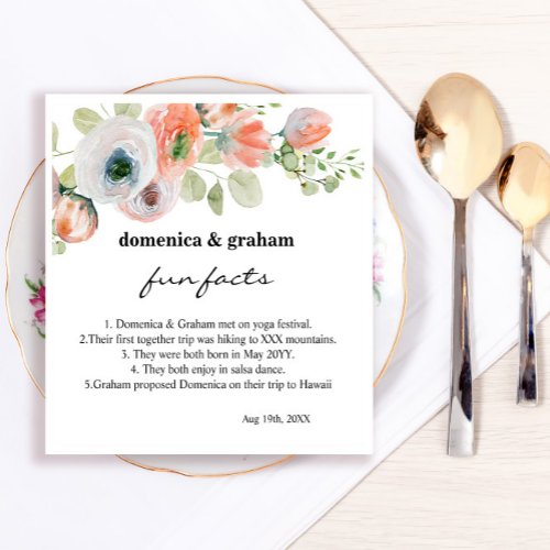 Romantic Pink Coral Floral Wedding Fun Facts Napkins