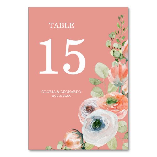 Romantic Pink Coral Floral Wedding  Table Number
