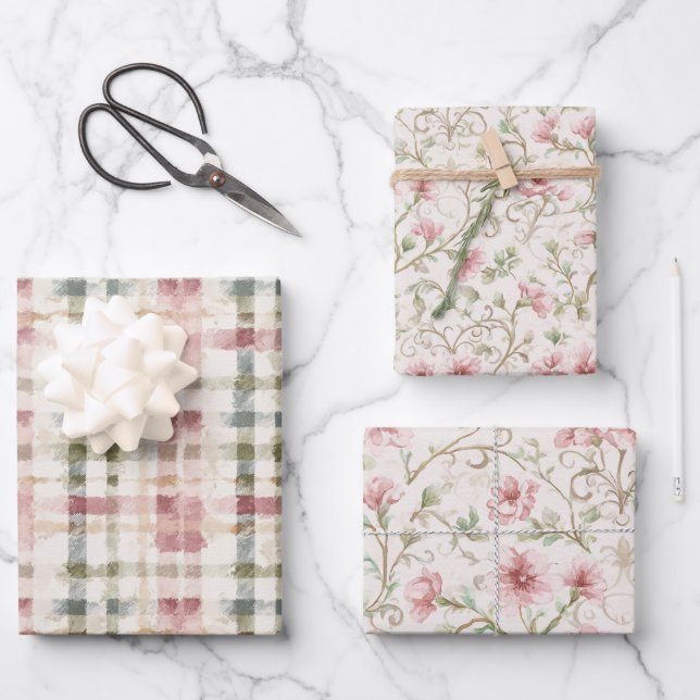 Romantic Pink Cream Floral Wrapping Paper Sheets (Front)