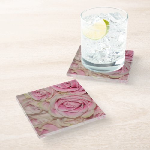 Romantic Pink Cream Roses Glass Coaster