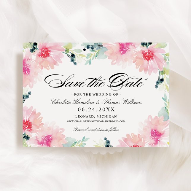 Romantic Pink Dahlia Floral Frame Wedding Save The Date (Creator Uploaded)