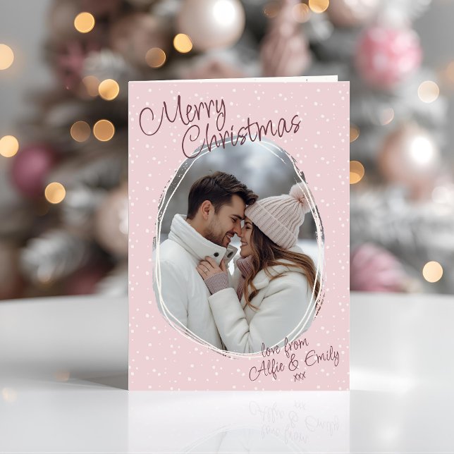 Romantic Pink Doodle Photo Merry Christmas Folded Holiday Card (Romantic pink snowy hand drawn Merry Christmas Photo Folded Christmas Card - easily personalised)