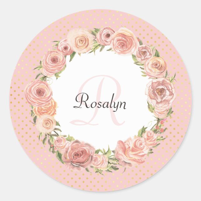 Romantic Pink Dotted Rose Floral Monogrammed Name Classic Round Sticker (Front)