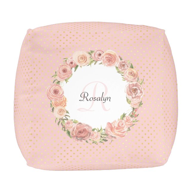 Romantic Pink Dotted Rose Floral Monogrammed Name Pouf (Top)