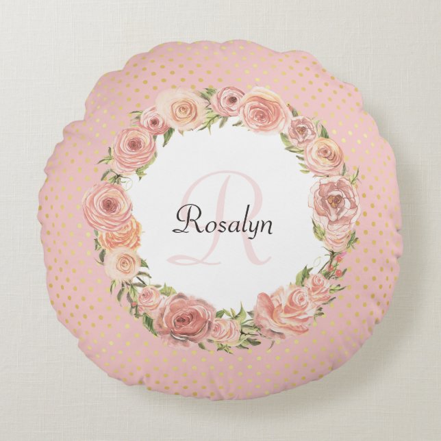 Romantic Pink Dotted Rose Floral Monogrammed Name Round Pillow (Front)