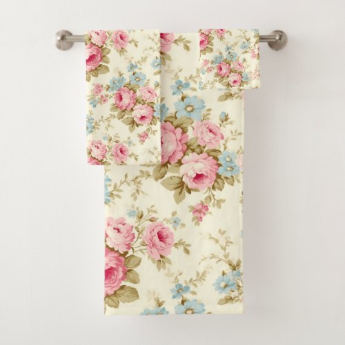 Romantic Pink English Roses on Pale Yellow Bath Towel Set