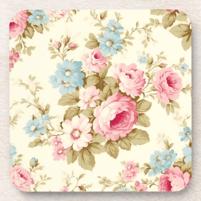 Romantic Pink English Roses on Pale Yellow Beverage Coaster (Front)