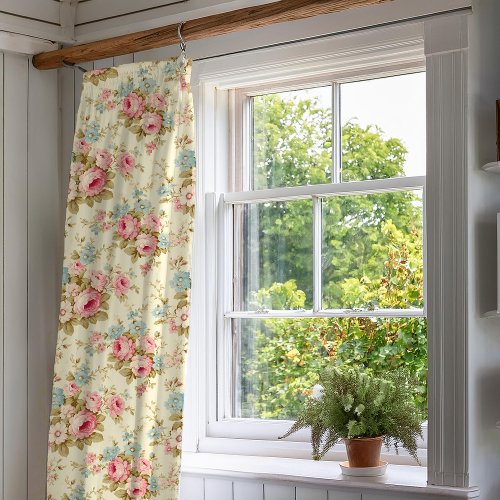 Romantic Pink English Roses on Pale Yellow Blackout Curtains