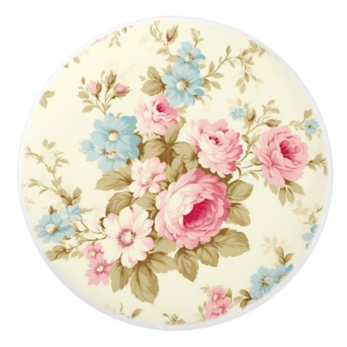 Romantic Pink English Roses on Pale Yellow Ceramic Knob