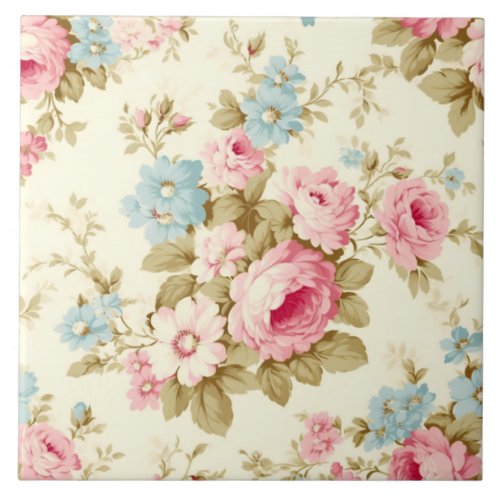 Romantic Pink English Roses on Pale Yellow Ceramic Tile