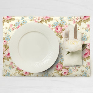 Romantic Pink English Roses on Pale Yellow Cloth Placemat