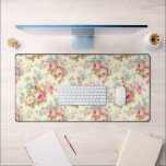 Romantic Pink English Roses on Pale Yellow Desk Mat<br><div class="desc">Lovely and romantic feminine seamless floral pattern featuring sprays of pink roses and blue flowers with sage foliage on pale pastel yellow background.</div>