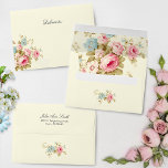 Romantic Pink English Roses on Pale Yellow Envelope<br><div class="desc">Lovely and romantic feminine seamless floral pattern featuring sprays of pink roses and blue flowers with sage foliage on pale pastel yellow background. Includes complementary floral graphics and editable text fields.</div>