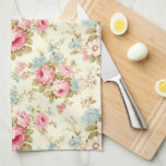 Romantic Pink English Roses on Pale Yellow Kitchen Towel<br><div class="desc">Lovely and romantic feminine seamless floral pattern featuring sprays of pink roses and blue flowers with sage foliage on pale pastel yellow background.</div>
