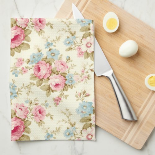 Romantic Pink English Roses on Pale Yellow Kitchen Towel