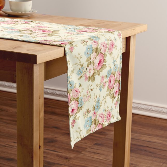 Romantic Pink English Roses on Pale Yellow Long Table Runner (In Situ)