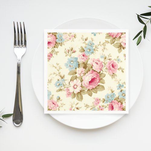 Romantic Pink English Roses on Pale Yellow Napkins