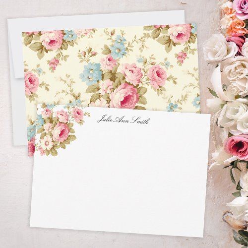 Romantic Pink English Roses on Pale Yellow Note Card