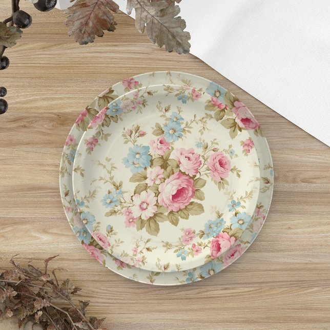 Romantic Pink English Roses on Pale Yellow Paper Plates (Creator Uploaded)