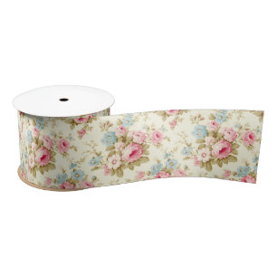 Romantic Pink English Roses on Pale Yellow Satin Ribbon