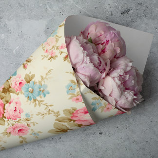 Romantic Pink English Roses on Pale Yellow Tissue Paper