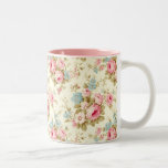 Romantic Pink English Roses on Pale Yellow Two-Tone Coffee Mug<br><div class="desc">Lovely and romantic feminine seamless floral pattern featuring sprays of pink roses and blue flowers with sage foliage on pale pastel yellow background.</div>