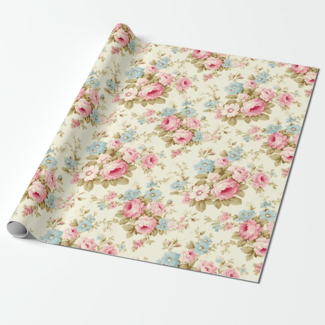 Romantic Pink English Roses on Pale Yellow Wrapping Paper (Unrolled)