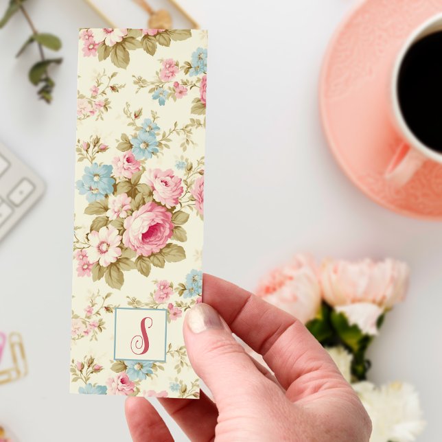 Romantic Pink English Roses on Yellow w/Monogram Bookmarks (Creator Uploaded)