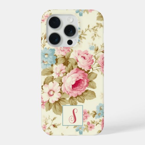 Romantic Pink English Roses on Yellow wMonogram iPhone 15 Pro Case