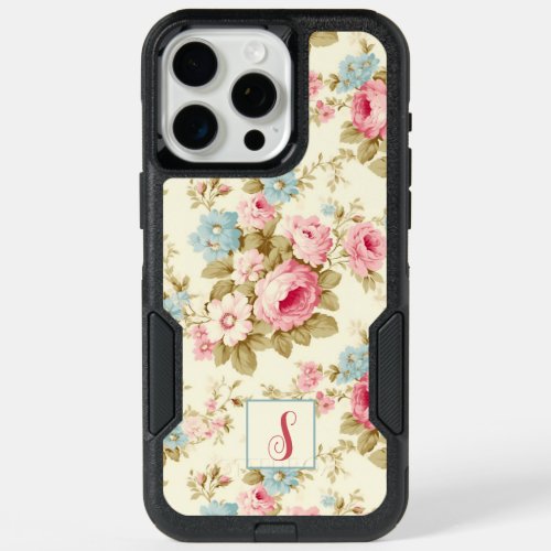 Romantic Pink English Roses on Yellow wMonogram iPhone 15 Pro Max Case